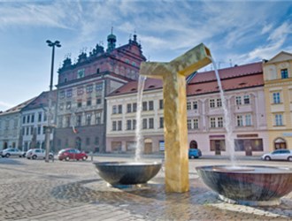 Czech city of Pilsen Town Hall and the Golden Fountain