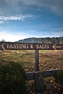 Napa Valley vineyard field with Tasting and sale signpost in front 